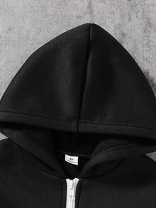 SHEIN 2件組小男孩休閒純色長袖保暖內裡拉鍊外套與長褲套裝，適合日常休閒戶外穿著，秋冬季 - 黑色 - 查看 5