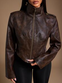 Radiana Plus Size Women's PU Leather Jacket, All-Match Versatile, Daily Casual, Streetwear, Shopping, Gathering, Vacation, Date, Birthday Winter - Coffee Brown - View 5