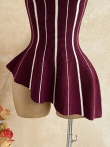 Soleia Women's Plus Size Striped Asymmetrical Hem Knit Top - Red and White - View 3