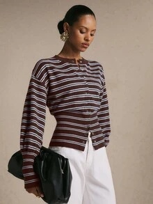 Poéselle Women New Retro Color‑Block Striped Single‑Breasted Knit Cardigan, Cozy Casual Versatile Staple For Back‑To‑School Daily Street Commute Office Outfit - Brown - View 2