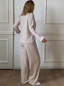 DAZY 2pcs Striped V-Neck Loose Long Sleeve Straight Leg Long Pajama Pants Set Women's Sleepwear - Red - View 2