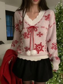 DAZY Women's V-Neck Pullover Snowflake Pattern Pom Pom Decor Casual Christmas Sweater - Beige - View 6