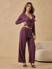 HautHeat 女款針織舒適休閒羅紋睡衣套裝，秋冬款 - 淺灰紫 - 查看 5