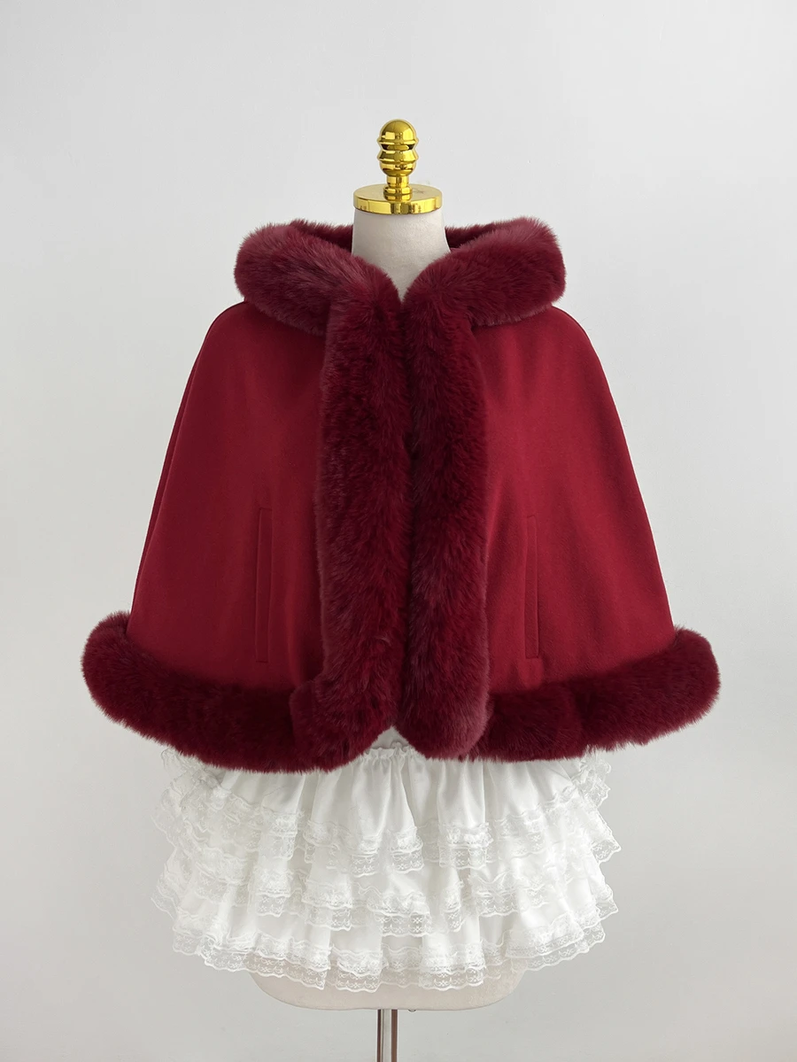 Elamini Autumn/Winter Cute Sweet Burgundy Versatile Faux Fur Cape Coat - Burgundy - View 1