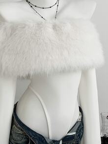 Elamini Women's Autumn/Winter Sexy White Fuzzy Off Shoulder Bandeau Tight Sexy Bodysuit - White - View 4