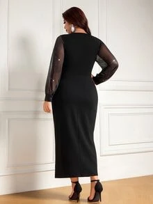 Femmeverse Plus Size Women's Waist-Cinching Beaded Asymmetrical Hemline Contrast Mesh Lightweight Dress - Black - View 2