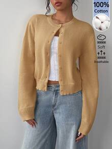 SHEIN BASICS 女款純色單排扣休閒百搭長袖開襟衫，適合日常外出、商務辦公、早午餐，米白色，秋季教師節 - 駝色 - 查看 4