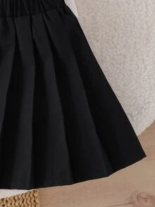 SHEIN 女童幼兒休閒可愛針織運動衫套裝，長袖蝴蝶結上衣，黑色百褶裙，2件套秋季日常穿著套裝 - 白色 - 查看 5