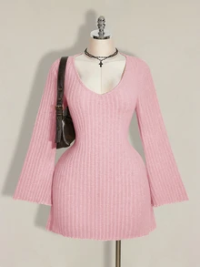 SHEIN ICON 女款大尺碼秋冬保暖復古優雅通勤簡約V領喇叭袖毛絨羅紋黑色緊身洋裝 - 粉色 - 查看 1