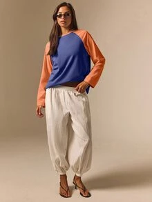 Athîral 女款寬鬆藍黃拼接圓領長袖休閒T恤，返校、度假、外出上衣，秋季 - 寶藍色 - 查看 4