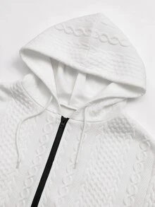 SHEIN LUNE Plus Size 2-Color Drop Shoulder Drawstring Hooded Cardigan Jacket Black & White Women's Autumn/Winter - Black and White - View 7