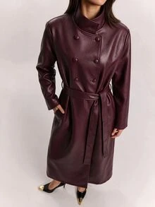 SHEIN BAE Women's Solid Color PU Leather Casual Versatile Trench Coat Jacket - Burgundy - View 3
