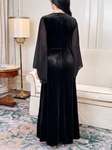 Feyla Women's Solid Color Square Neck Split Sleeve Elegant Long Dress - Black - View 2