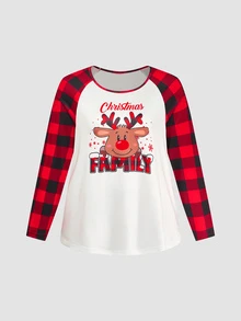 Chillnights Cute Christmas Reindeer Plaid Snowflake Print Raglan Sleeve Loose Plus Size Pajama Set - Multicolor - View 3