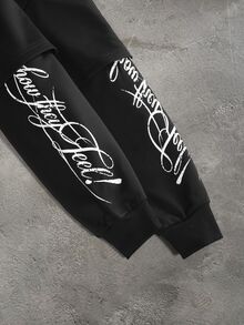 Manfinity Roghcode 男士字母印花拼接長袖圓領衛衣 - 黑色 - 查看 7
