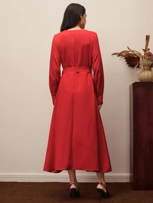 BELROSIE Women's Solid Color V-Neck Waist Knot Casual Party Dress - Burgundy - View 3