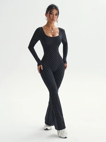 SHEIN Dewbera Women's Polka Dot Print Long Sleeve Flare Leg Jumpsuit - Black - View 7