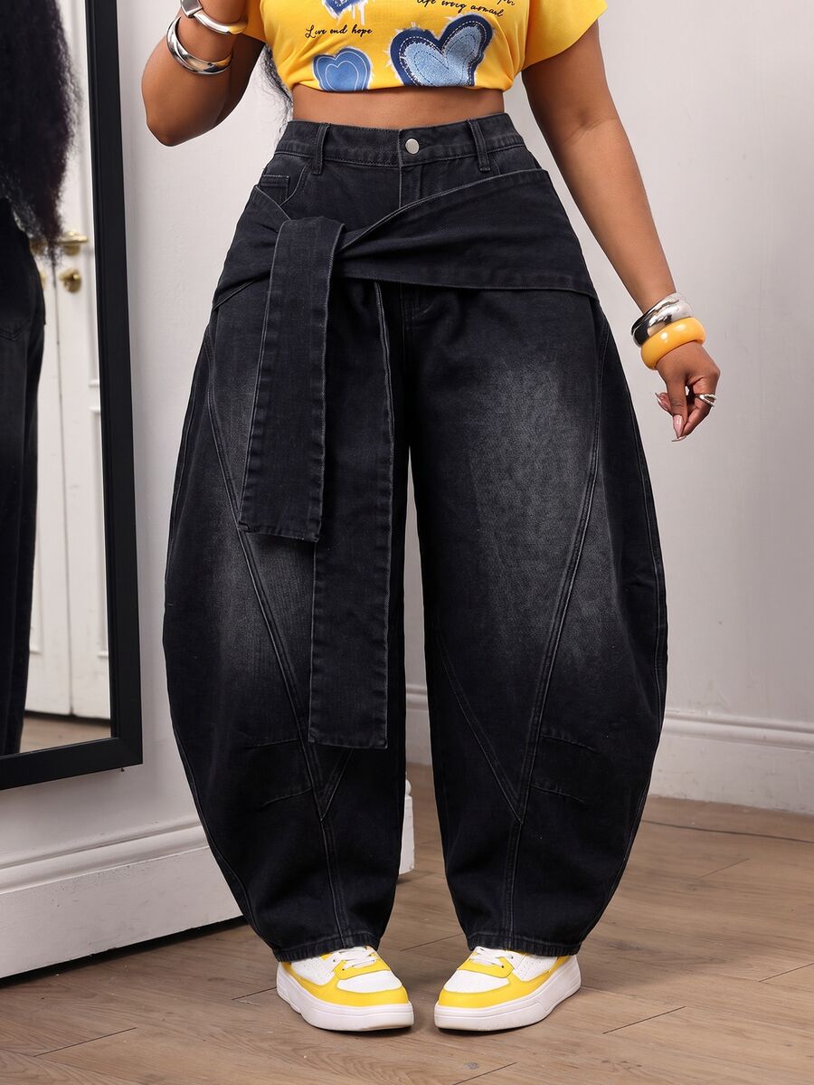 Slaydiva Plus Size Women's Front Knot Curved Leg Casual Loose Fit Jeans - Black - View 1