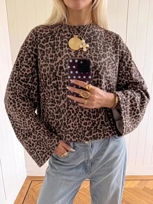 SHEIN EZwear 海外長袖復古豹紋印花秋季女款T恤，適合日常通勤、派對、秋冬/夏季、聖誕節、新年、感恩節、派對、婚禮、海灘、畢業典禮、優雅、外出、約會、通勤、情人節、優雅、度假、Y2K、畢業典禮等場合 - 彩色 - 查看 3