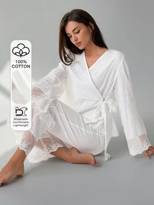 Livesso Women's Lace Patchwork Tie-Up Top And Long Pants Pajama Set - White - View 4