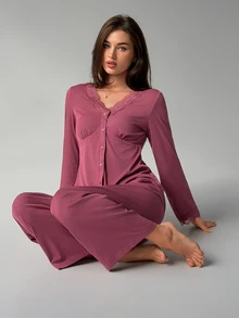 DAZY Women's Contrast Lace Single-Breasted Top And Pants Pajama Set - Brown - View 1