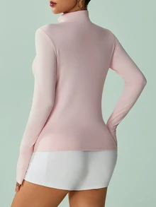 SHEIN Sovereign Charm 女款純色半拉鍊長袖運動運動衫 - 粉色 - 查看 2