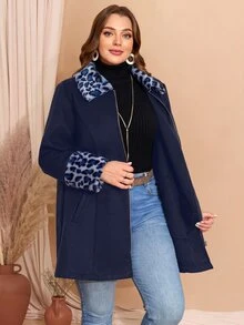 EMERY ROSE Plus Size Fall Clothes Curve Thanksgiving Women Leopard Print Patchwork Woolen Overcoat, Autumn Winter - Navy Blue - View 5