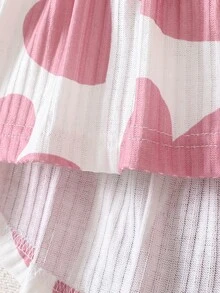 女童秋冬 T-shirt 套裝，針織面料，粉色愛心與字母印花圖案，長袖，圓領，荷葉袖，收腰，裙擺上衣搭配粉色純色高彈力修身長褲，可愛甜美舒適休閒套裝，適合年輕女孩日常穿著、上學、外出、度假、派對、節日，秋冬季節 - 粉色 - 查看 8