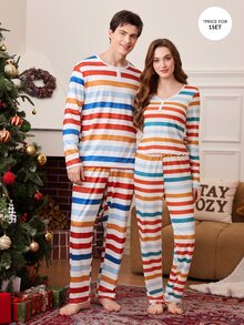 CoupledUp Men's Striped Long Sleeve Top And Pants Casual Daily Loungewear Set - Multicolor - View 7