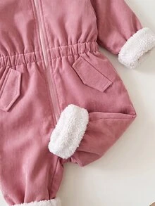 SHEIN 女嬰戶外工裝保暖內裡連帽連身衣，秋冬款 - 粉色 - 查看 4