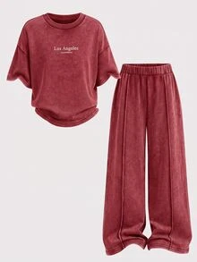 SHEIN 女童字母印花圓領短袖T恤與長褲休閒日常套裝 - 酒紅色 - 查看 5