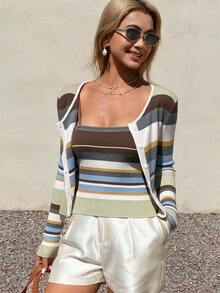 DAZY Women's Colorblock Camisole Top And Cardigan Knit 2 Pieces Set - Green - View 1