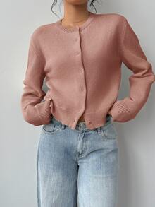 SHEIN Tall CURVE 大尺碼休閒 80 年代寬鬆柔軟正常版型純色圓領長袖短版女款黃色針織開襟衫 秋冬春季辦公通勤 - 藕粉色 - 查看 4