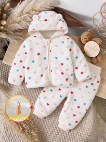 SHEIN Baby Girl Knit Solid Color Faux Fur Colorful Heart Pattern Hooded Casual Jacket And Long Pants 2 Pieces Set - Multicolor - View 3
