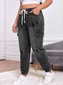 SHEIN ICON 大尺碼抽繩腰破損翻蓋口袋側邊工裝牛仔褲 - 黑色 - 查看 5