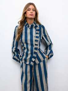 Nöista Women's Button Ruffle Trim Blouse And Striped Contrast Color Tapered Long Pants Set - Dusty Blue - View 2