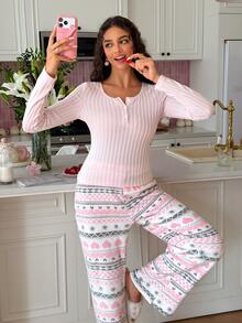 SweetSlumber Set Piyama Wanita Musim Gugur/Dingin: Atasan Rajut Bergaris Nyaman dan Celana Panjang Lembut Motif Fair Isle - MultiWarna - View 1