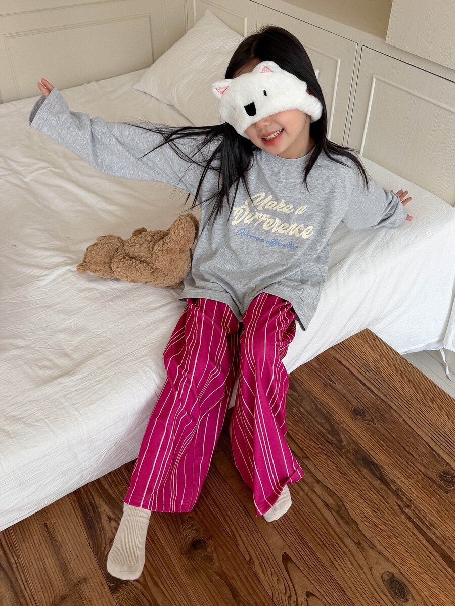 Dazy Kids Tween Girl Letter Print Long Sleeve Top And Pants Casual Daily Home Pajama Set Fall - Grey - View 1