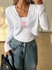 SHEIN EZwear 女款純色休閒百搭多功能日常長袖夾克，白色，適合秋季日常旅行 - 白色 - 查看 6