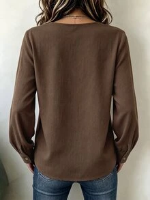 Linhara CURVE Kemeja Kasual Serbaguna untuk Wanita Ukuran Besar, Warna Polos, Cocok untuk Pemakaian Sehari-hari di Musim Gugur - Coffee Brown - View 2