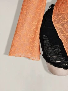SHEIN ICON ICON PLUS 生菜邊飾不對稱下擺透視上衣 無內衣設計 大尺碼女式襯衫-1891，Y2k/秋季/冬季 - 橘色 - 查看 7