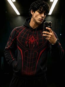 GymBeat Men's Spider Print Long Sleeve Drawstring Hooded Sweatshirt - Multicolor - View 1