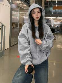 DAZY 女款秋冬連帽水鑽韓風長袖運動衫 - 淺灰色 - 查看 4