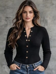 Linhara CURVE Plus Size Ribbed Knit Long Sleeve Top, Notched V Neck Decorative Button Slim Fit Curvy Women Tee, Fall Basic Casual Fitted Shirt Ribbed KnitLong Sle - Black - View 3