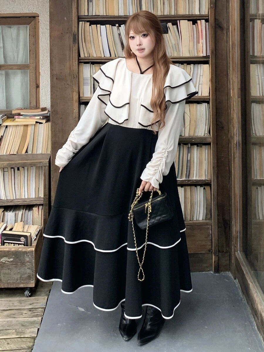 Bijouette Plus Size Japanese-Style Colorblock Ruffle Plus Size Patchwork Dress, Elegant And Sophisticated For Daily Commute - Apricot - View 1