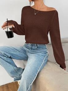 SHEIN PETITE 白色女款長袖套頭毛衣，可披肩穿著，適合秋冬，適合嬌小女性 - 咖啡棕 - 查看 4