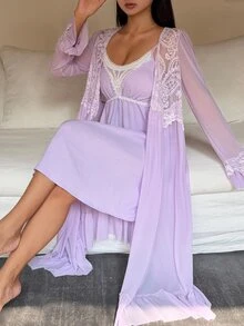 DAZY Women's Lace Patchwork Camisole Dress And Cardigan Casual Sleepwear Set - Purple - View 4