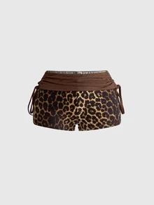 ROMWE Y2K Women's Leopard Print Drawstring Tie Shorts - Brown - View 1