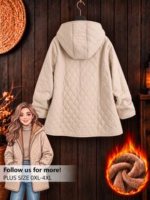 Linhara Plus Size Hooded Long Sleeve Thermal Lined Padded Coat, Autumn/Winter - Apricot - View 2