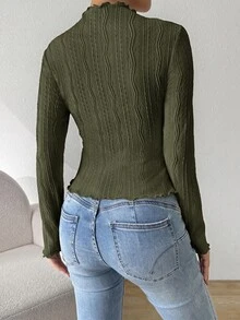 SHEIN Essnce 女款秋季純色荷葉邊立領長袖修身T恤上衣，法式優雅休閒日常早午餐穿搭上衣 - 軍綠色 - 查看 2